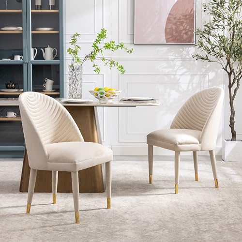 Beige Velvet Set of 2 Dining Chairs with Solid Wood Legs Q42319
