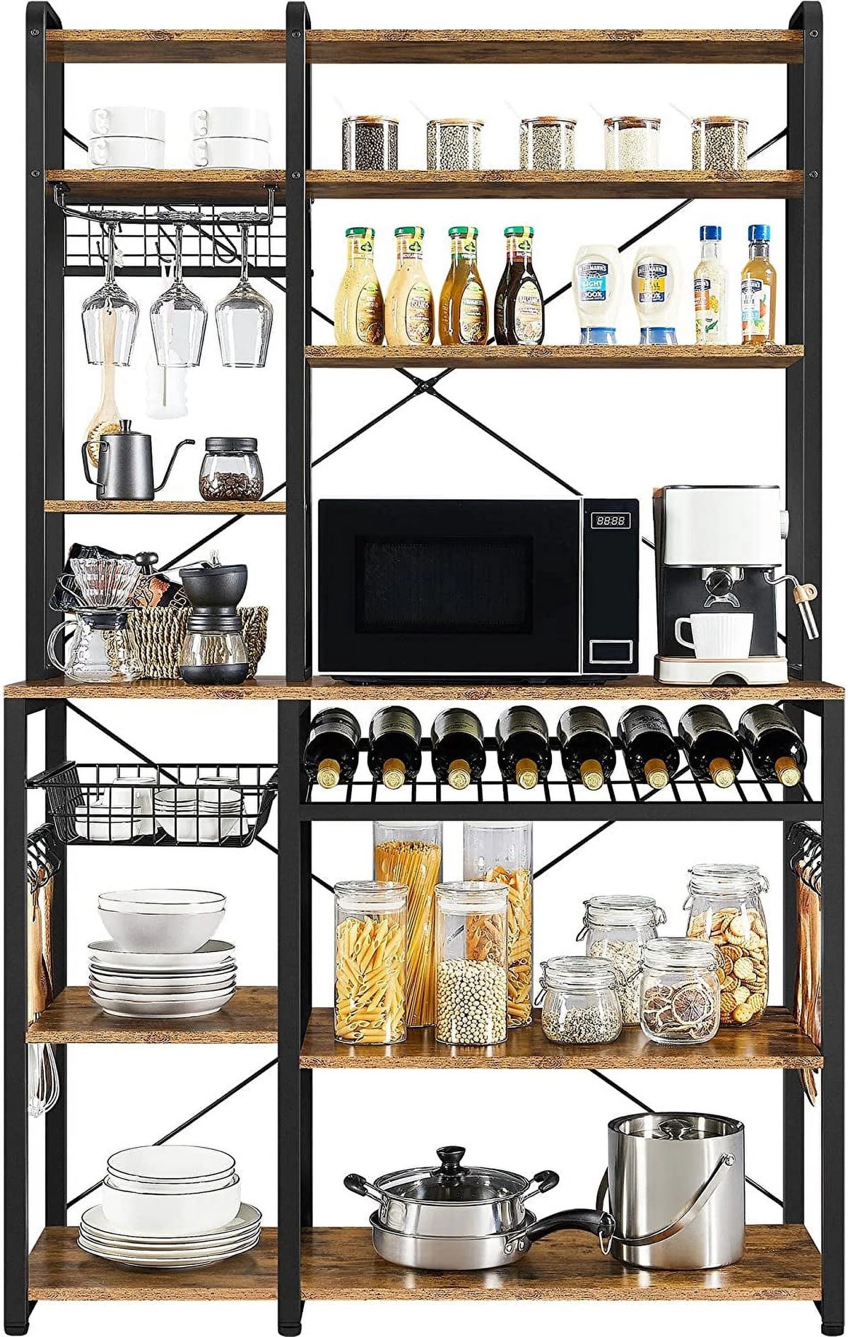 Wooden Kitchen Bakers Rack with Wine Rack and 12 Hooks Y8888
