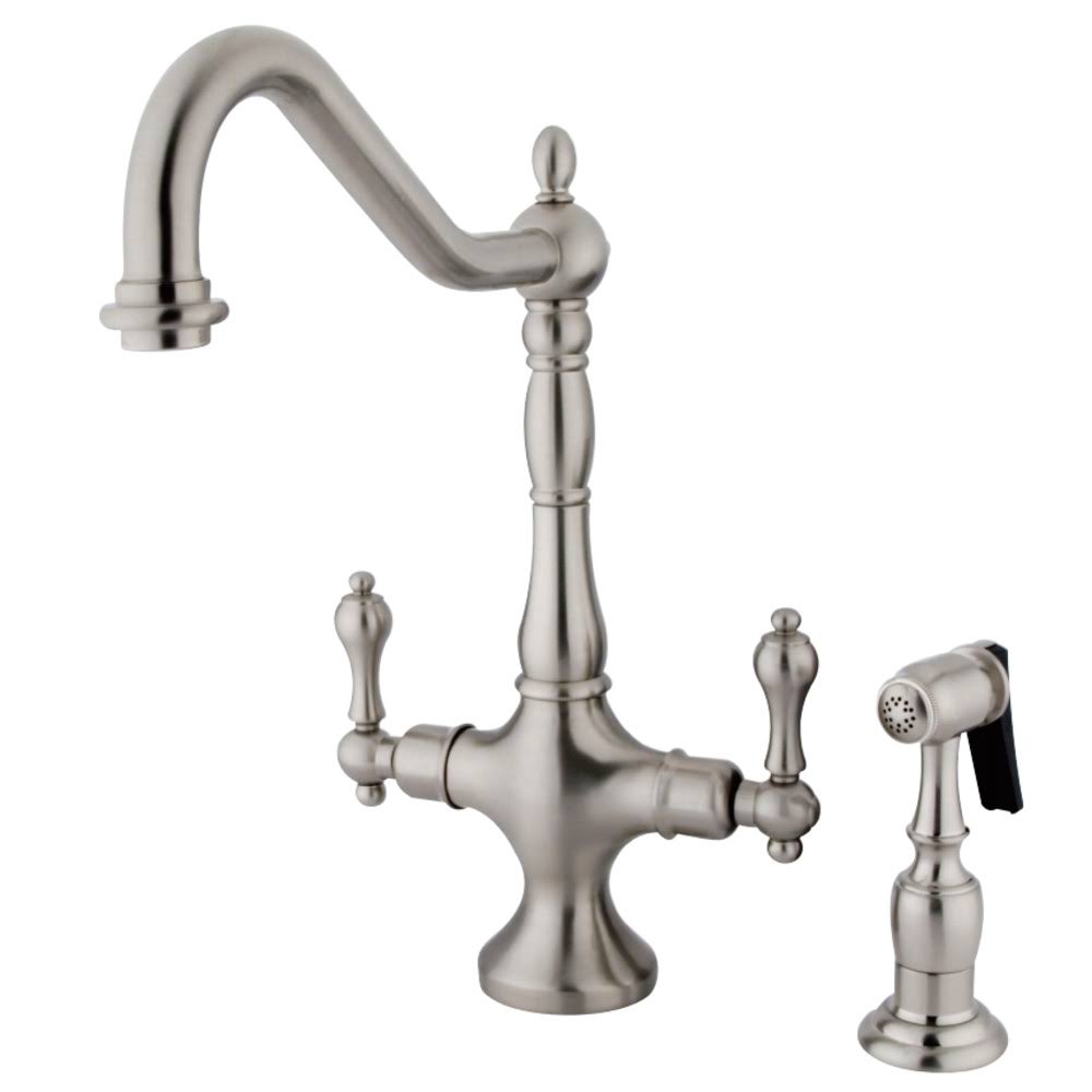 Satin Nickel Double Handle Kitchen Faucet with Brass Sprayer F94241