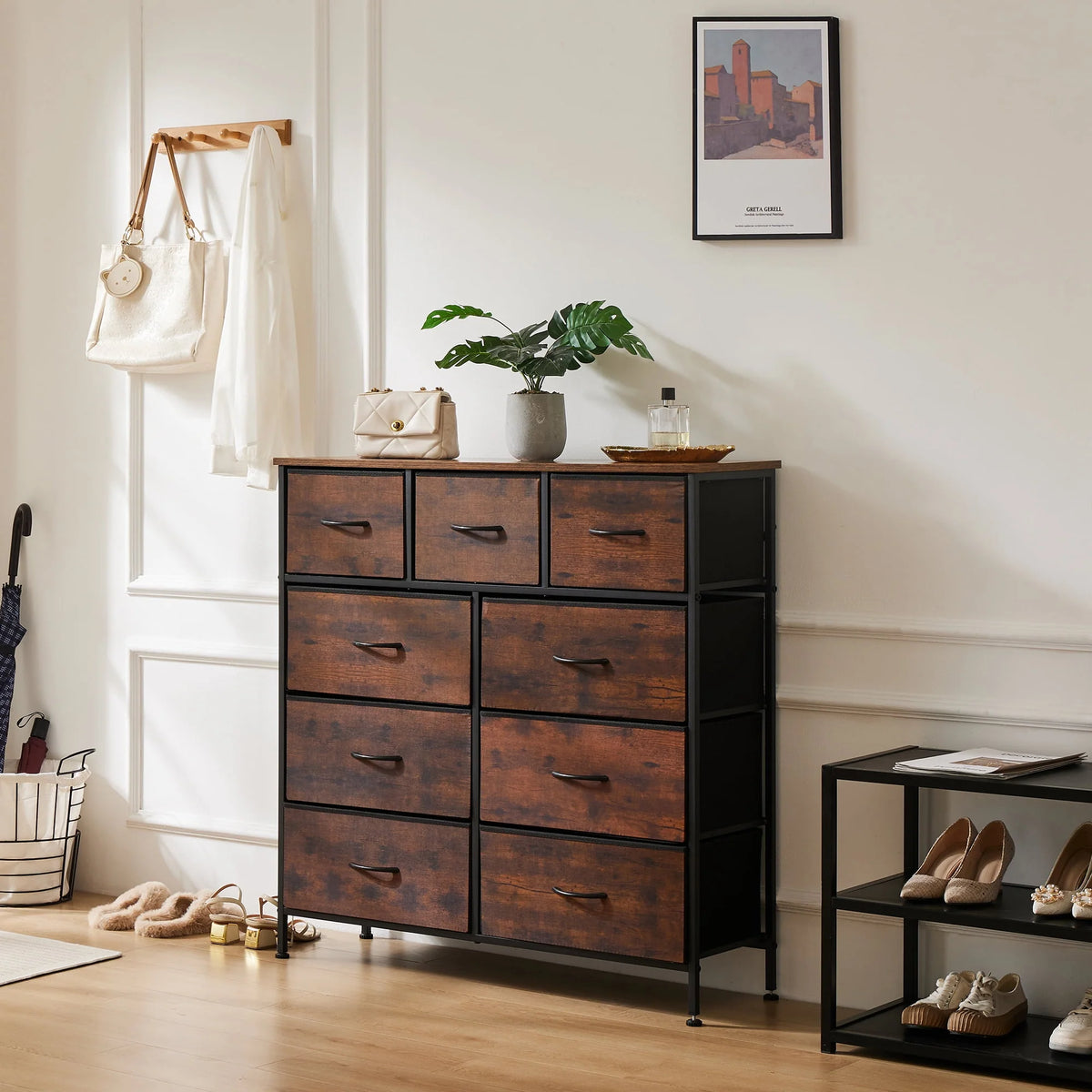 Black 5 Drawer Fabric Dresser with Wood Top N920425