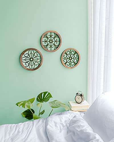 3 Pack Rustic Round Wall Art Geometric Scrolled Metal with Wooden Frame S3590