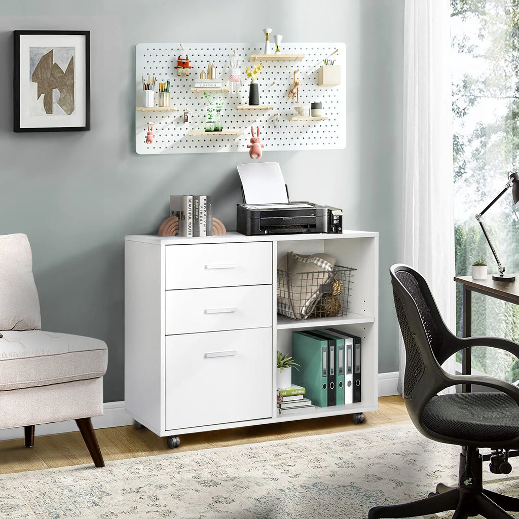 White 3 Drawer Wood File Cabinet with Wheels R61820