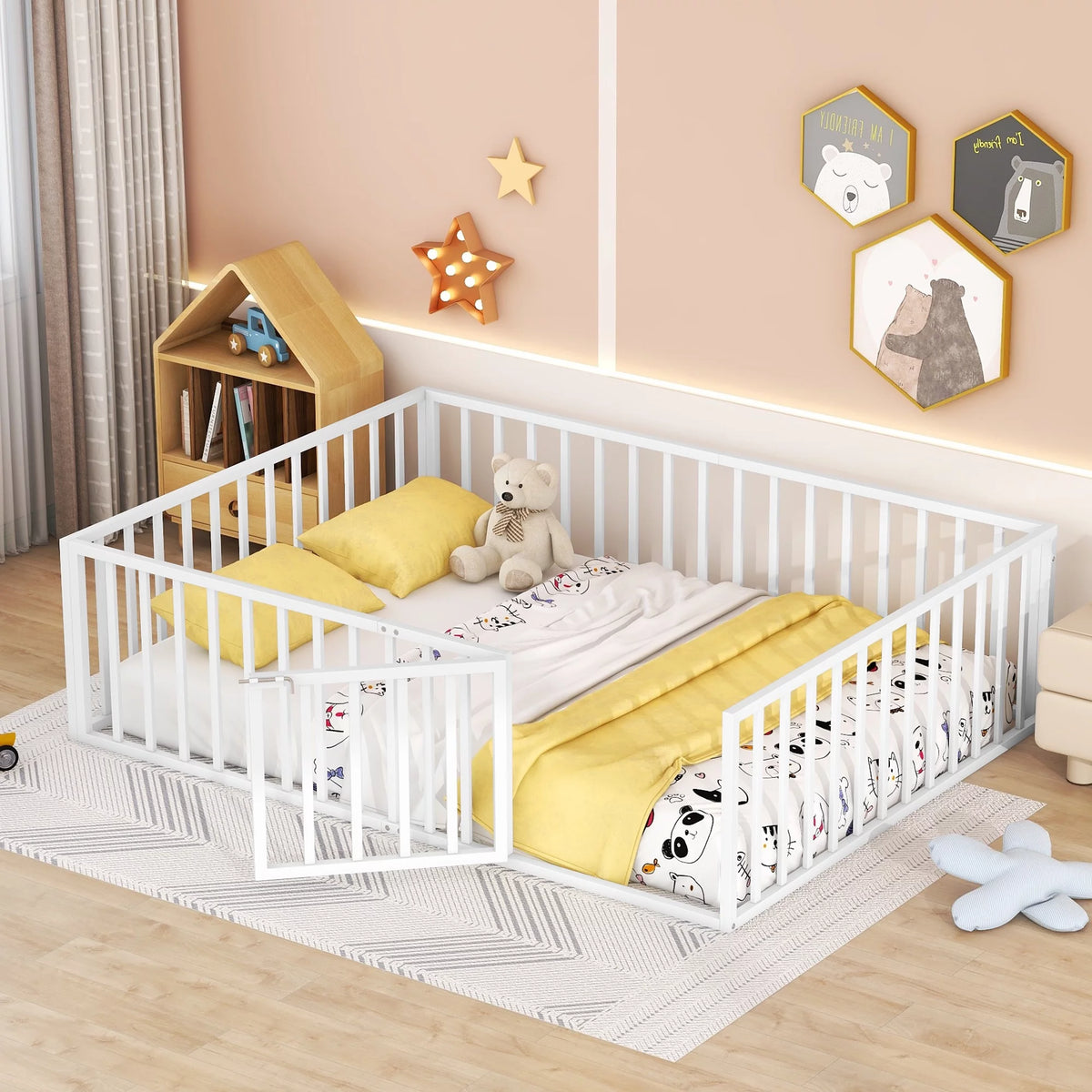 White Queen Metal Floor Bed with Fence Rails and Lockable Door T159