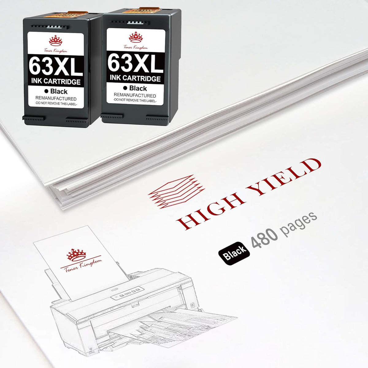 2 Pack Remanufactured Ink Cartridge for HP 63 63XL (2 Black) K36331
