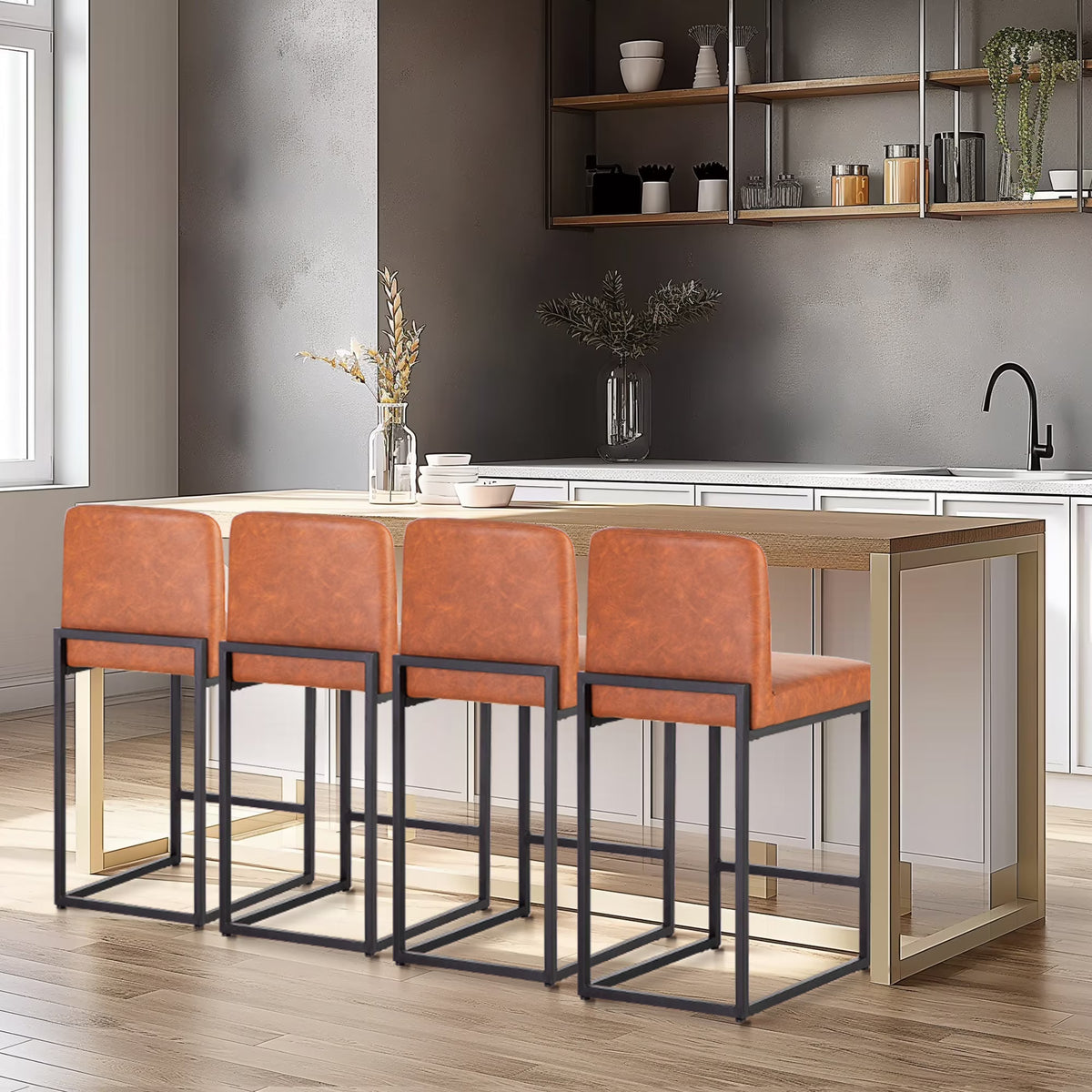 24" PU Leather Counter Height Bar Stool with Backrest Set of 4 Brown A801