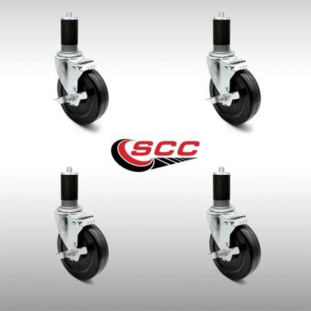 Stainless Steel 5 x 1.25 inch Hard Rubber Wheel Swivel Casters with Expanding Stem with Brake, Set of 4 F280078