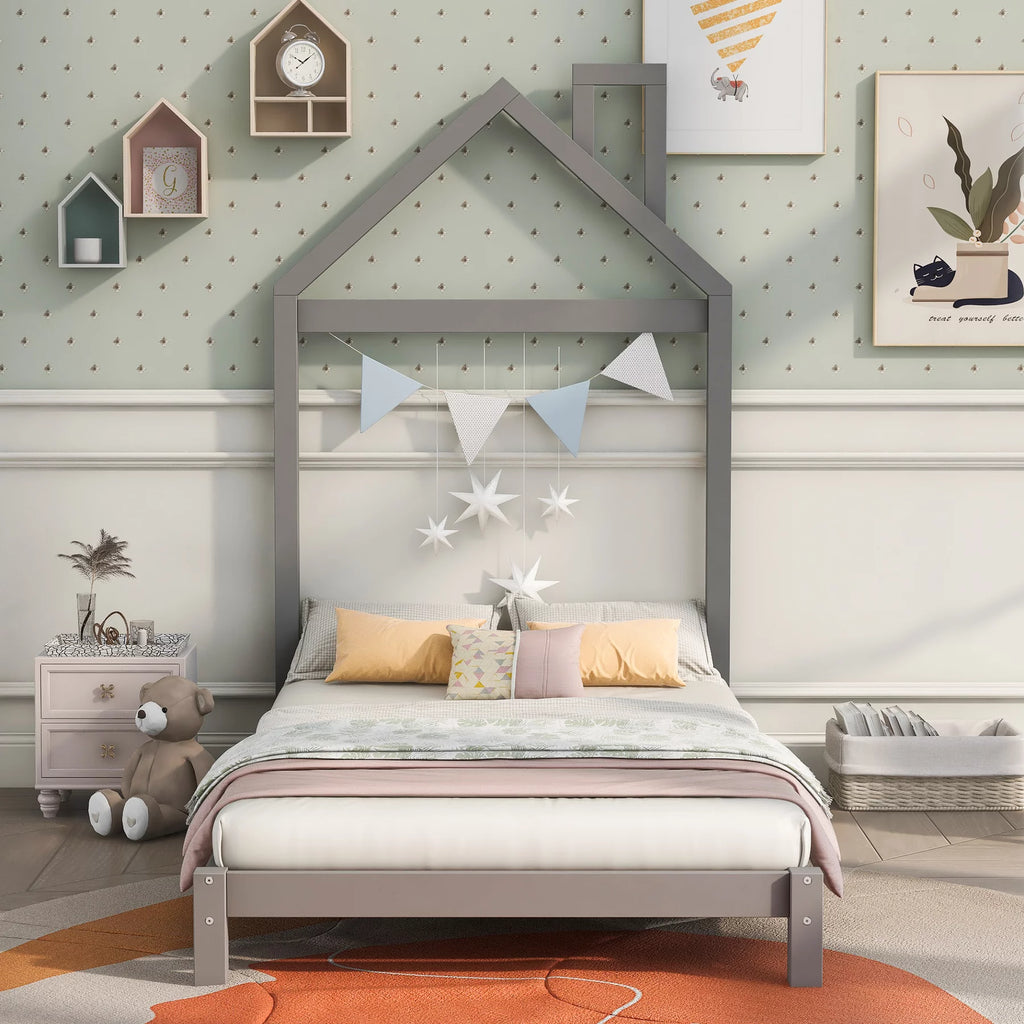 Twin Size Kids Bed with House-Shaped Headboard R85202