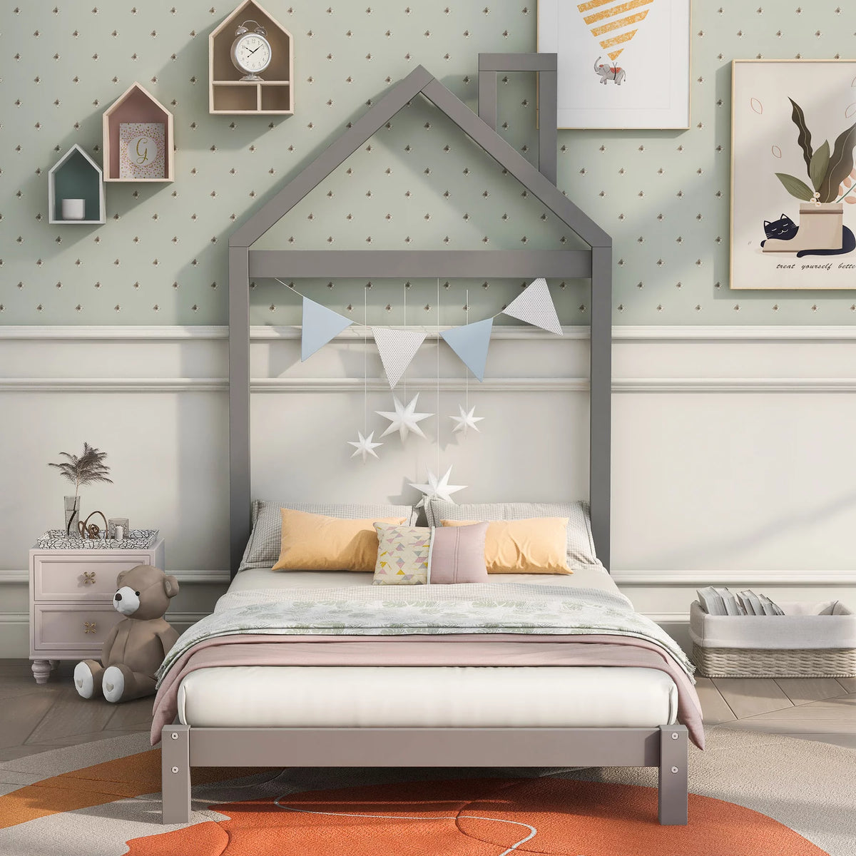 Twin Size Kids Bed with House-Shaped Headboard R85202