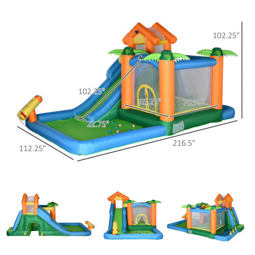 Inflatable Water Park with Blower, 6-in-1 Water Slide Jumping Castle D75207