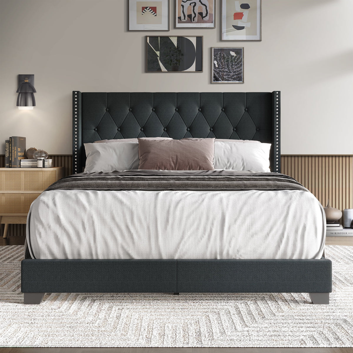 Blue Linen Upholstered Wingback Bed P125696