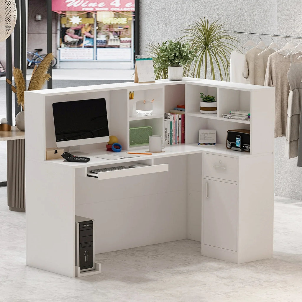 L-Shaped Reception Desk with Shelves and Drawers White F93983