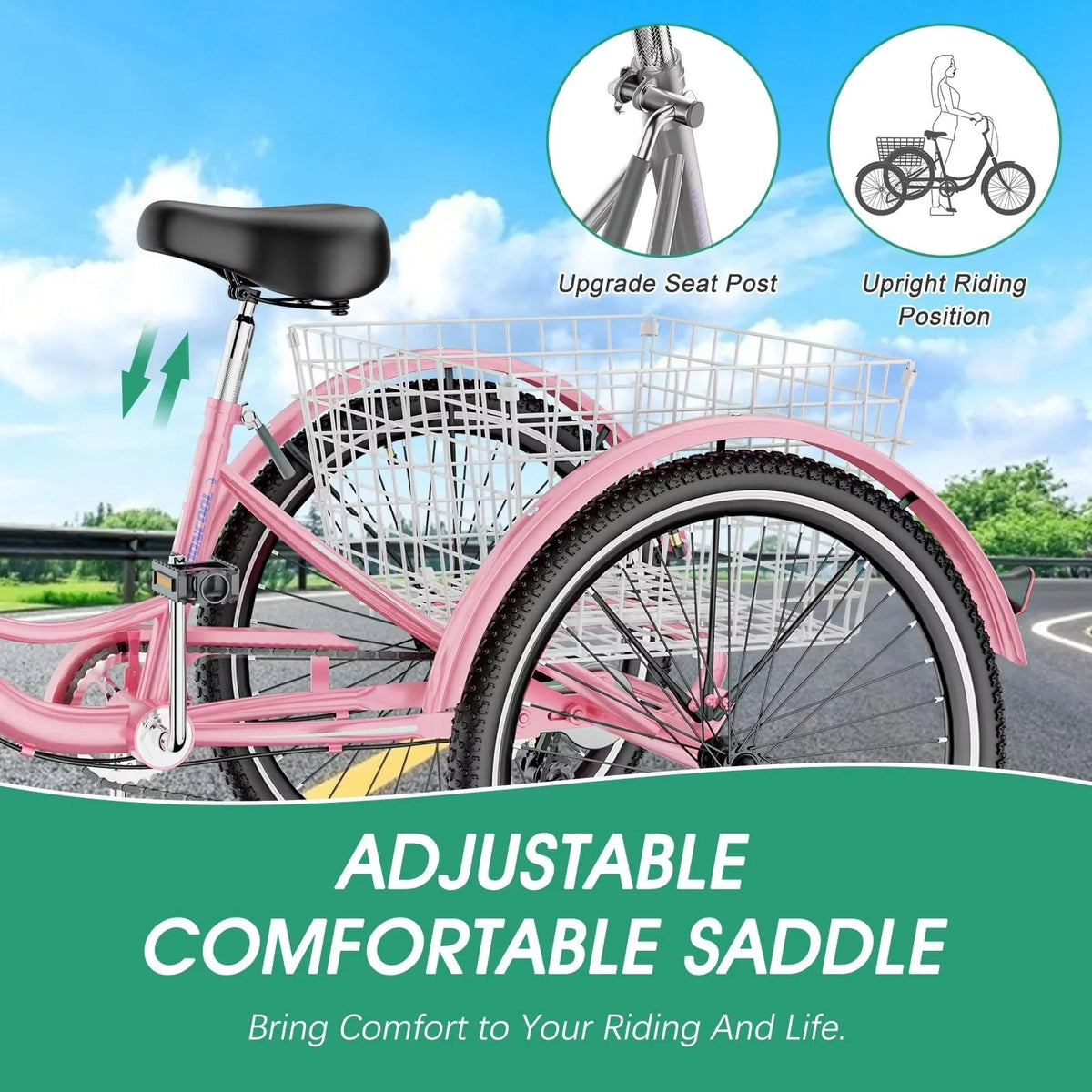24 Upgraded Adult Tricycle with Low-Step Through Frame, 7-Speed Adjustable Cruiser Trike with Basket N3853