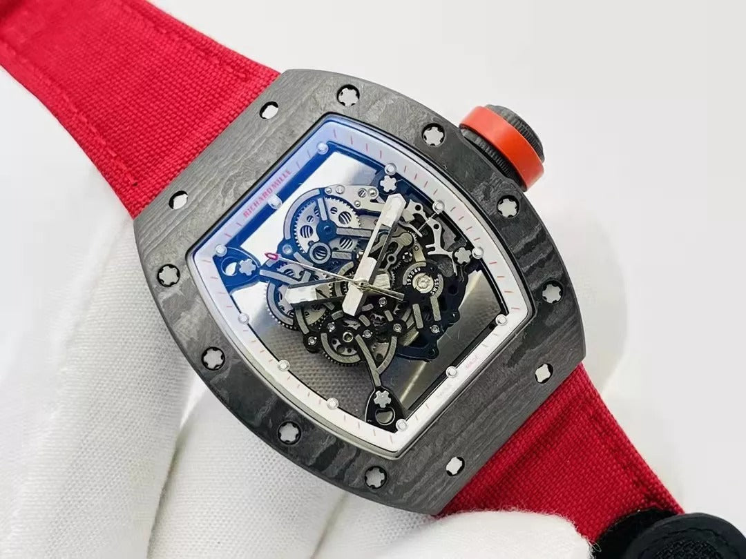 Skeleton Dial Black Bezel Red Canvas Strap D6370
