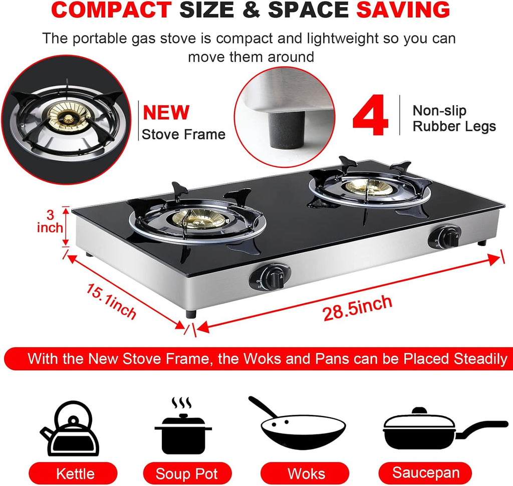 Propane Gas Cooktop 2 Burners Tempered Glass Auto Ignition R816