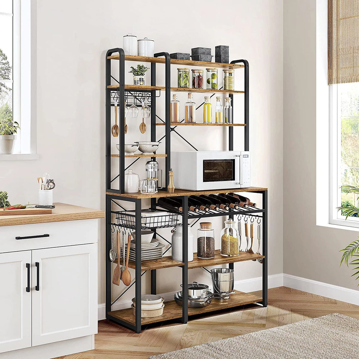Wooden Kitchen Bakers Rack with Wine Rack and 12 Hooks Y8888