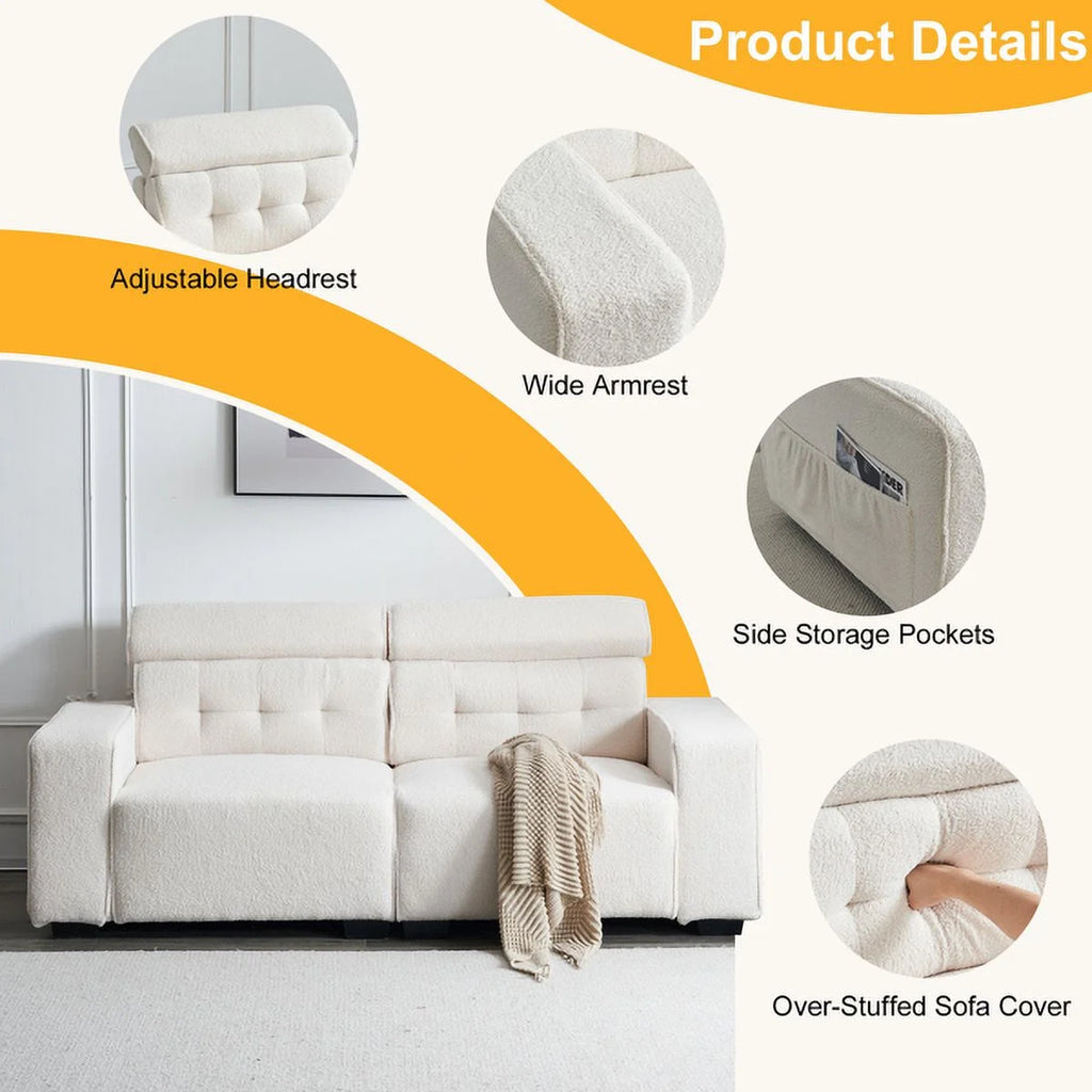 Off-White Teddy Velvet 2-Seat Sofa Bed with Detachable Armrests Z32591