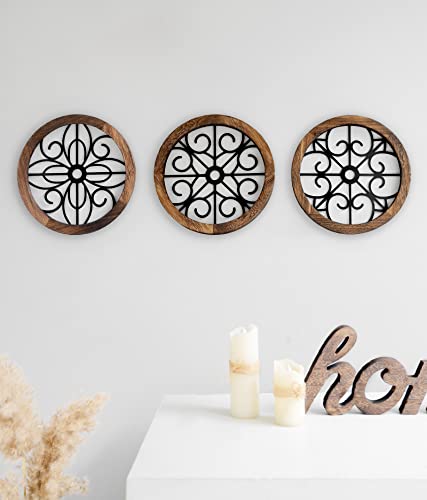 3 Pack Rustic Round Wall Art Geometric Scrolled Metal with Wooden Frame S3590