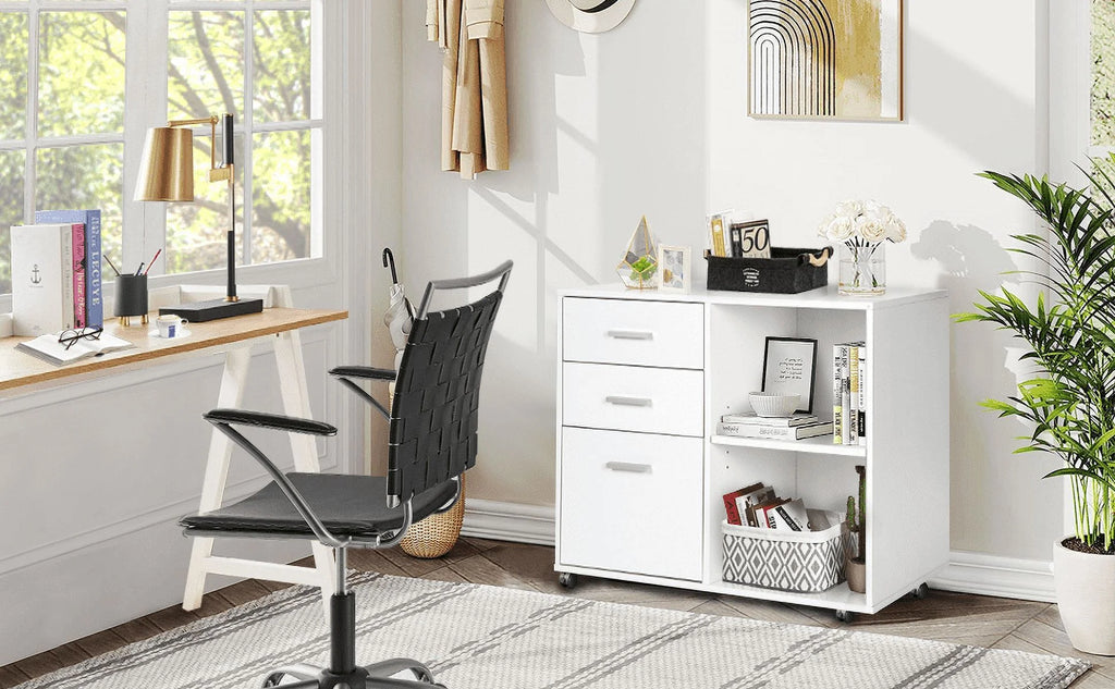 White 3 Drawer Wood File Cabinet with Wheels R61820