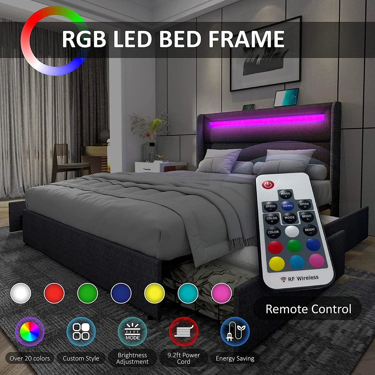 Queen Upholstered Bed Frame with LED Headboard and 4 Storage Drawers T8458