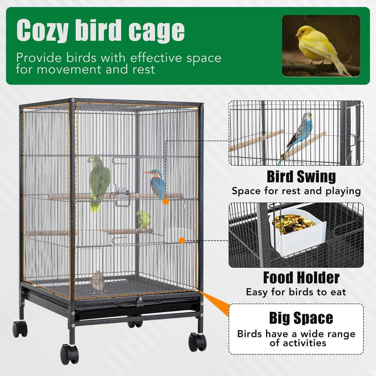 35-inch Wrought Iron Bird Cage with Open Top and Rolling Stand L737