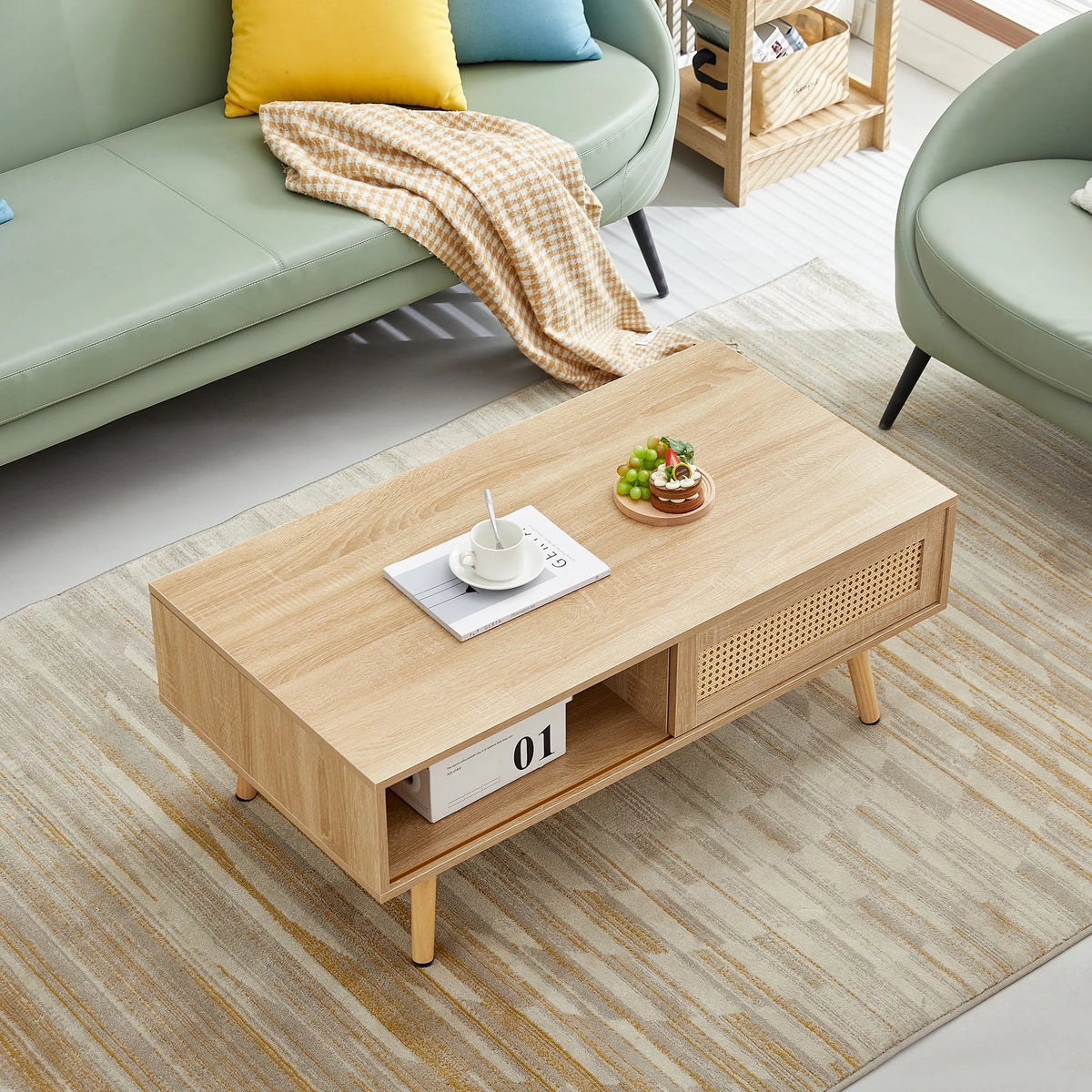 41.34" Rattan Coffee Table with Sliding Door Storage O572