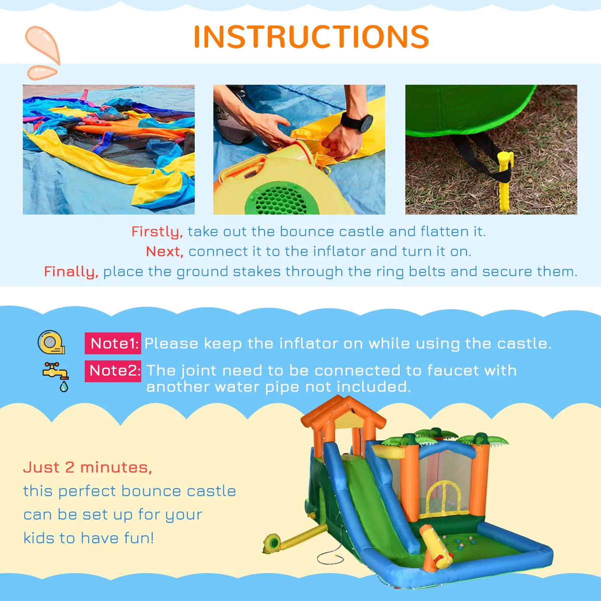 Inflatable Water Park with Blower, 6-in-1 Water Slide Jumping Castle D75207
