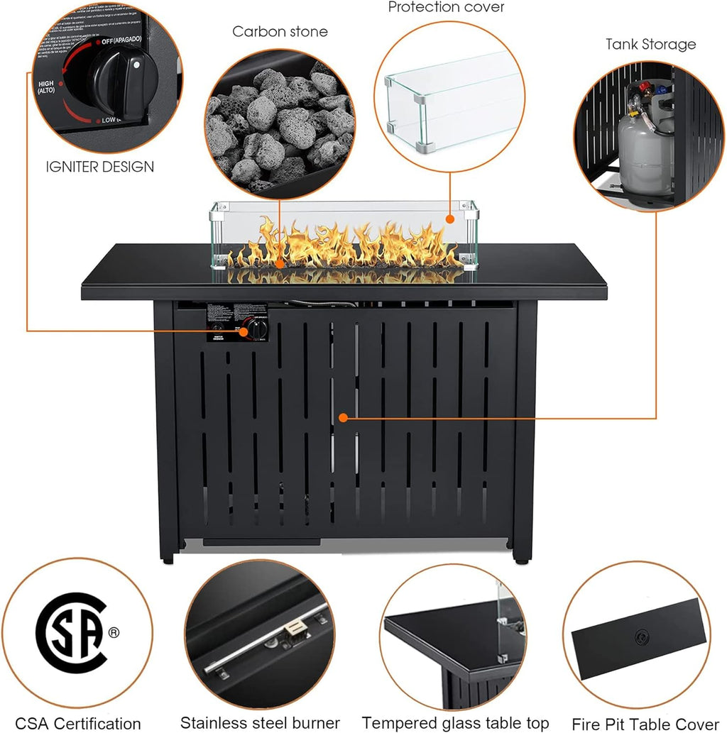 Propane Fire Pit Table, 43 Inch 50,000 BTU Auto-Ignition with Glass Wind Guard and Lava Stone G637