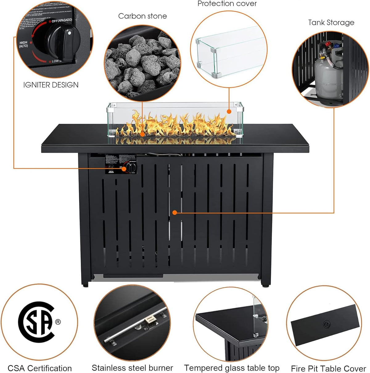 Propane Fire Pit Table, 43 Inch 50,000 BTU Auto-Ignition with Glass Wind Guard and Lava Stone G637