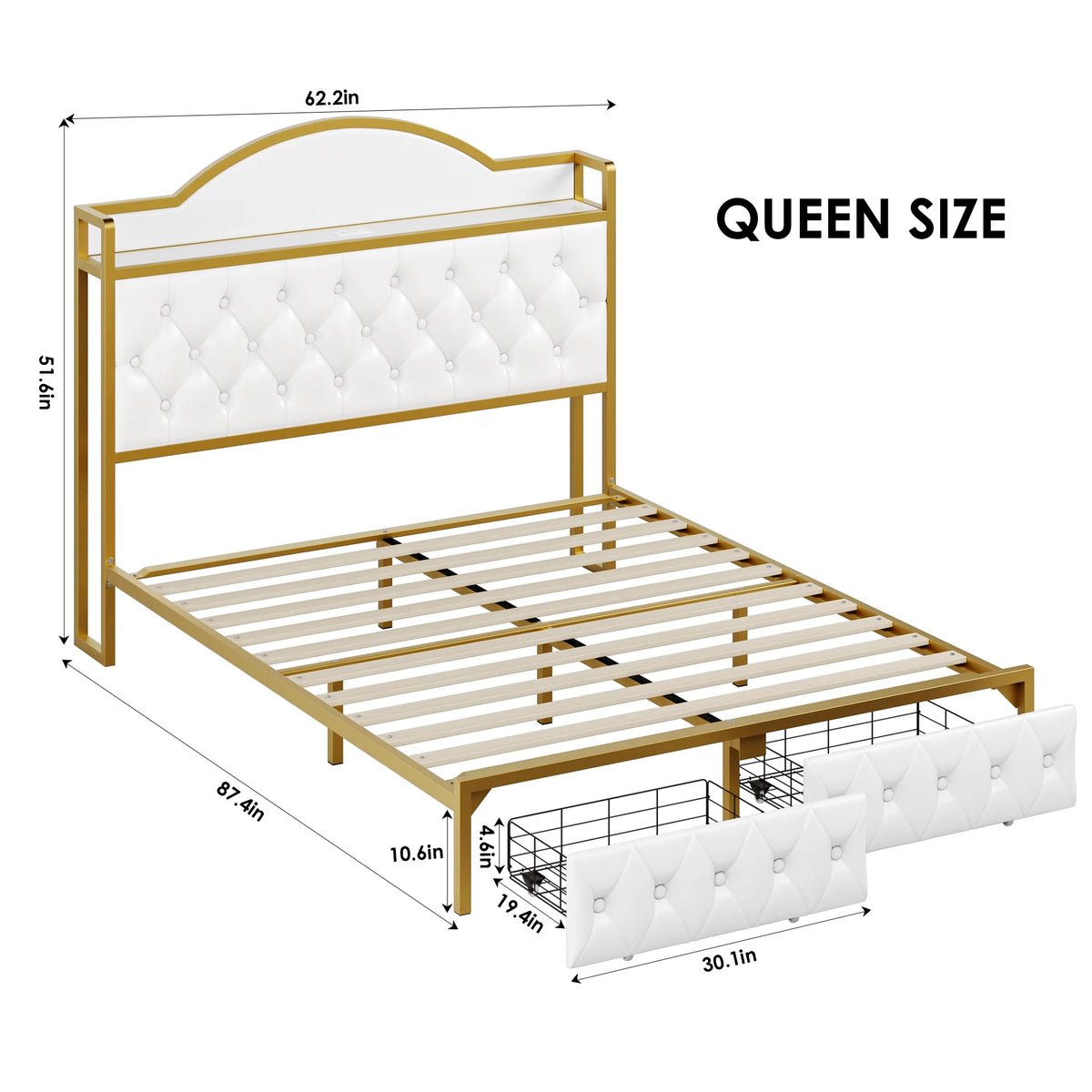 White Queen Size Storage Bed with 2 Drawers S452533