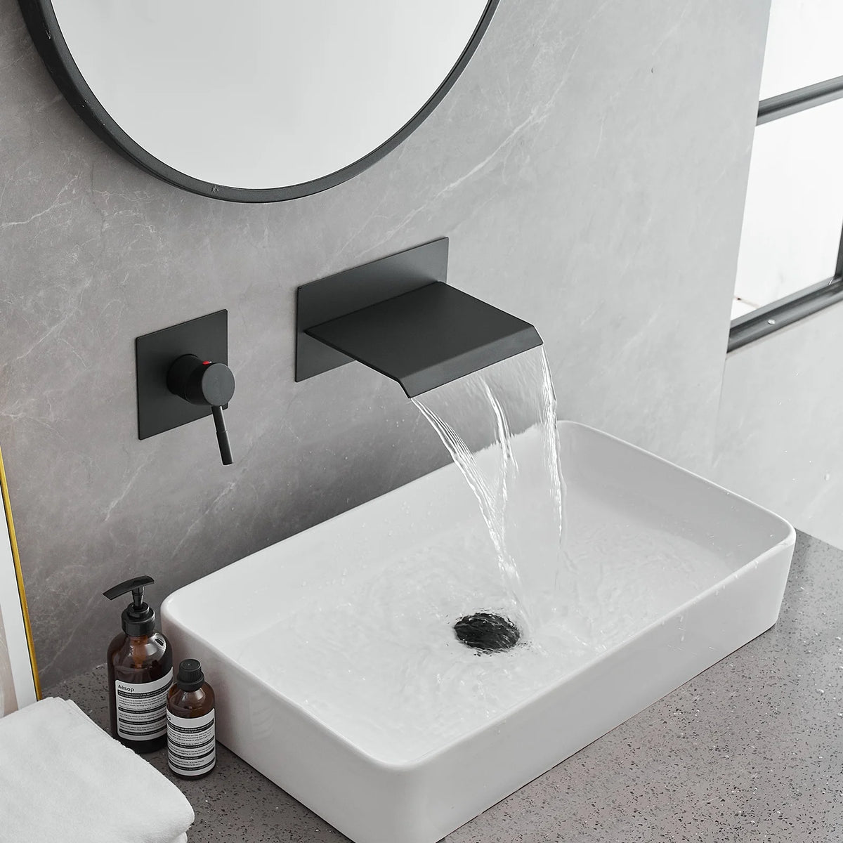 Wall Mount Waterfall Bathroom Faucet Matte Black V186