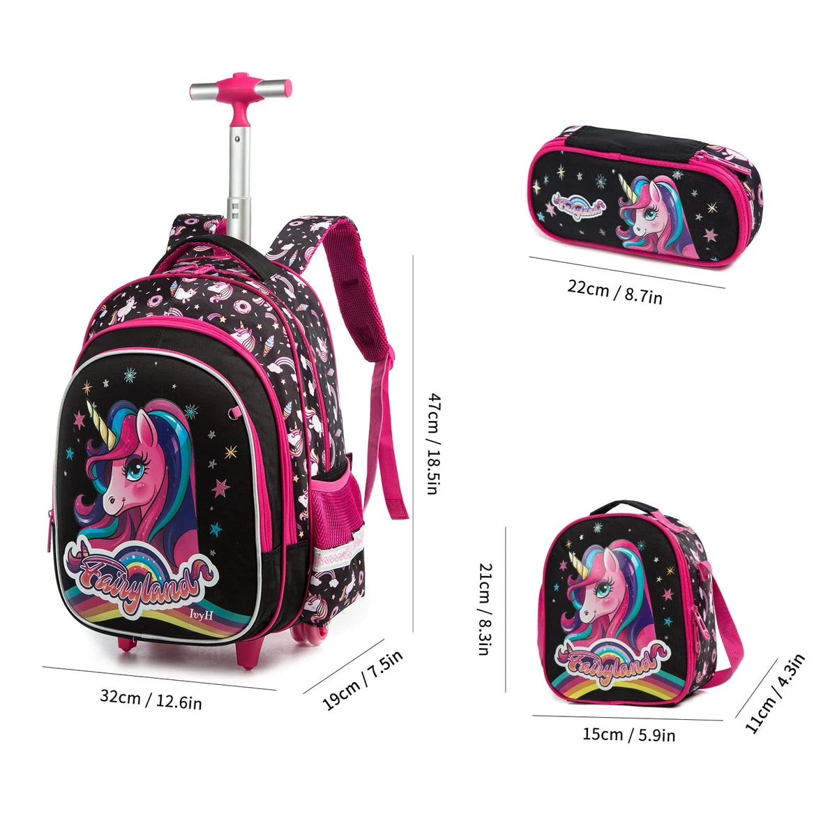 Black 3Pcs Rolling Backpack Set with Lunch Bag and Pencil Case Y581