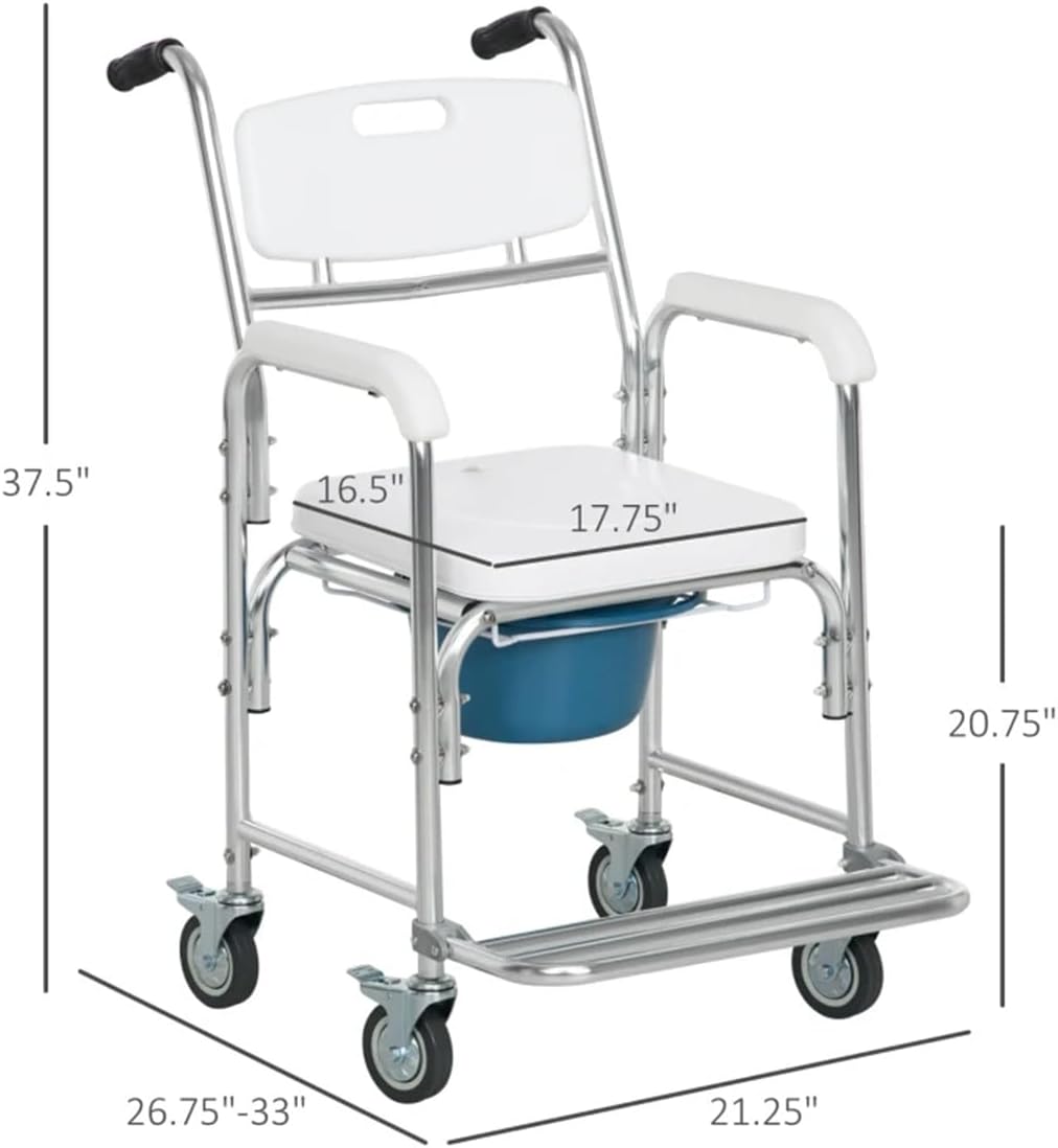White Rolling Shower Wheelchair with Commode, 4 Lockable Wheels K2231