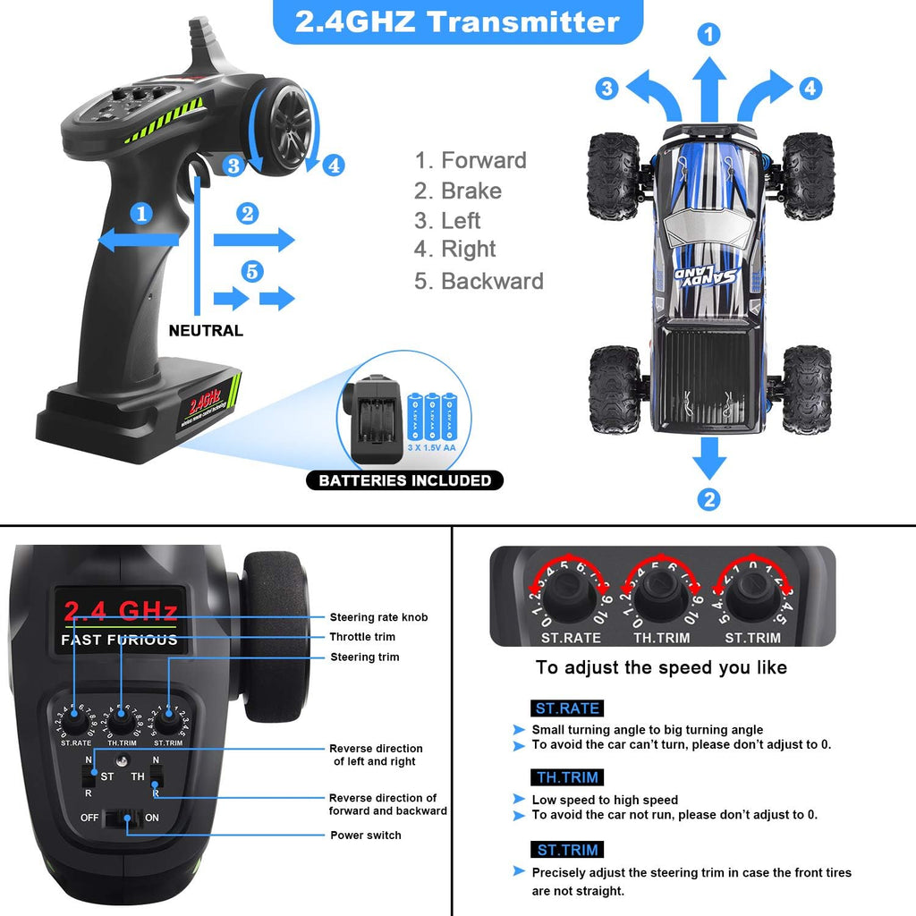 Remote Control Off Road Monster Truck 1:18 Scale 4WD Blue F844641