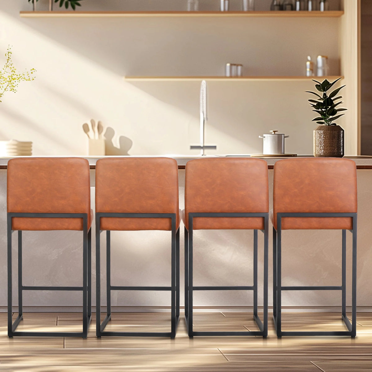 24" PU Leather Counter Height Bar Stool with Backrest Set of 4 Brown A801