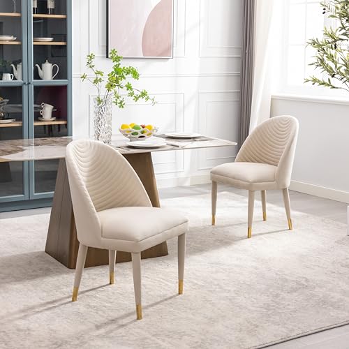 Beige Velvet Set of 2 Dining Chairs with Solid Wood Legs Q42319