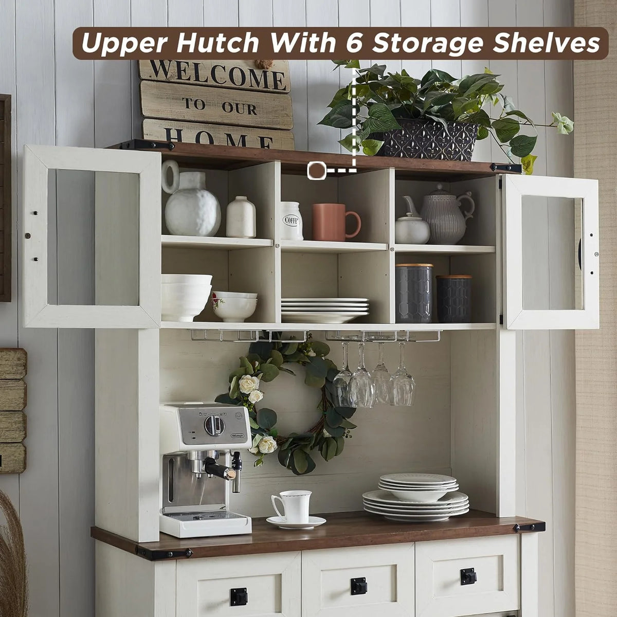 Antique White Wood Bar Cabinet with Sliding Barn Door and Hutch J76458