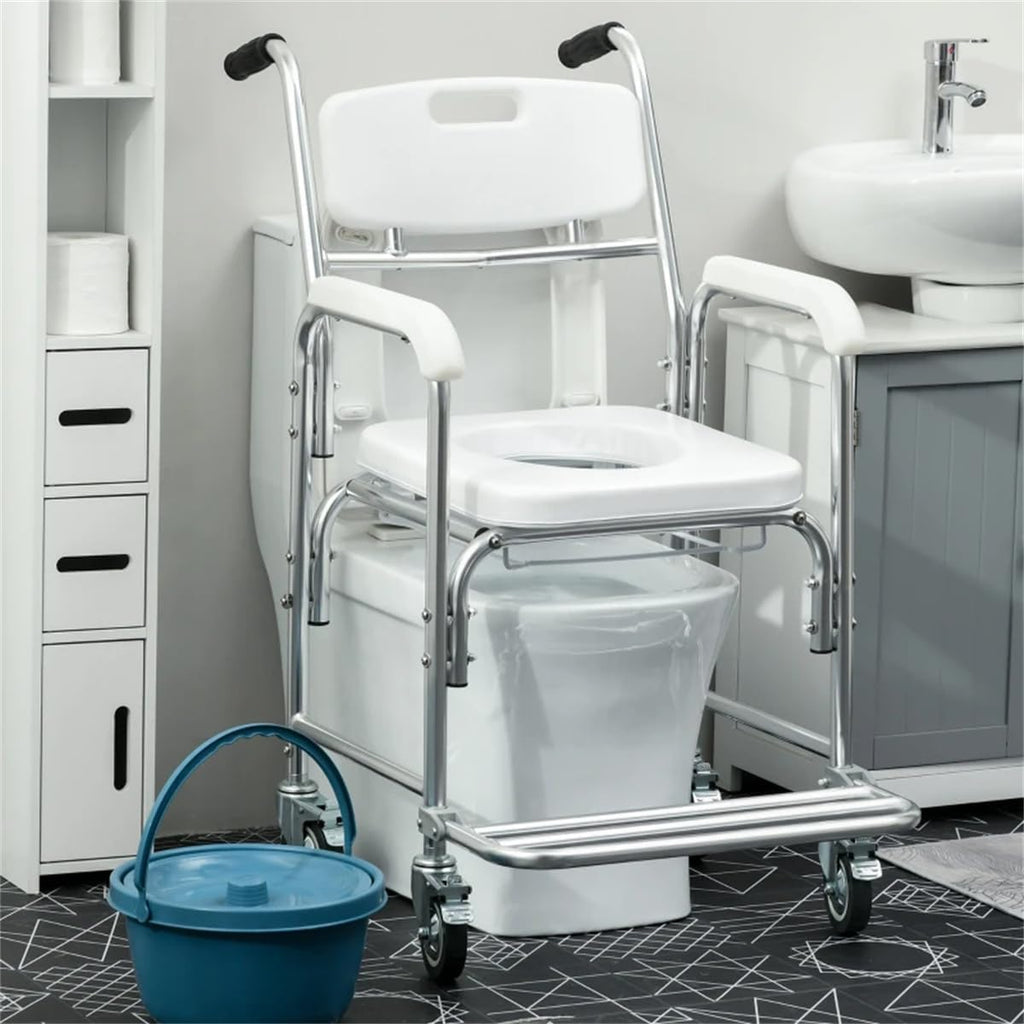 White Rolling Shower Wheelchair with Commode, 4 Lockable Wheels K2231
