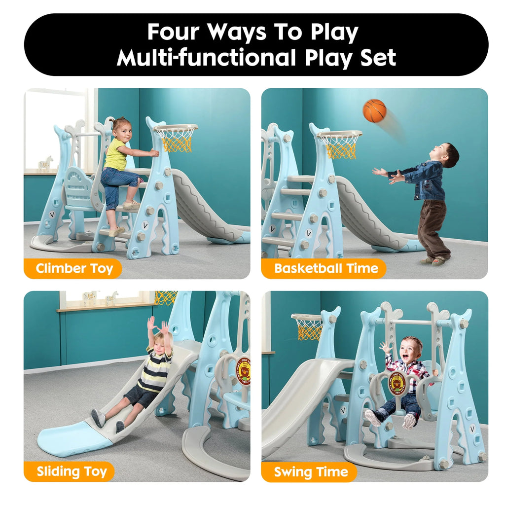 4 in 1 Toddler Slide and Swing Set with Basketball M414