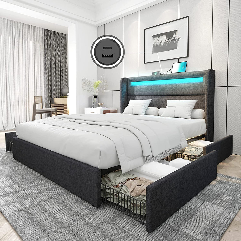Queen Upholstered Bed Frame with LED Headboard and 4 Storage Drawers T8458