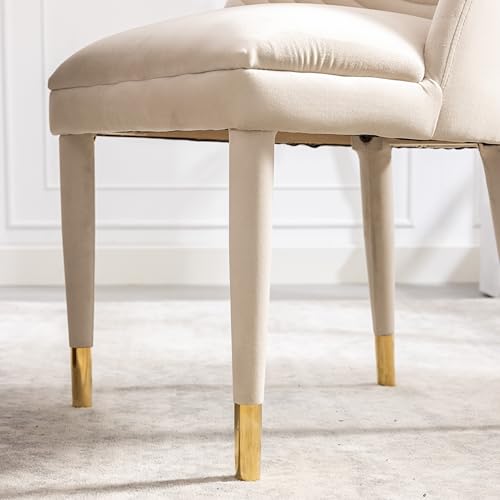 Beige Velvet Set of 2 Dining Chairs with Solid Wood Legs Q42319