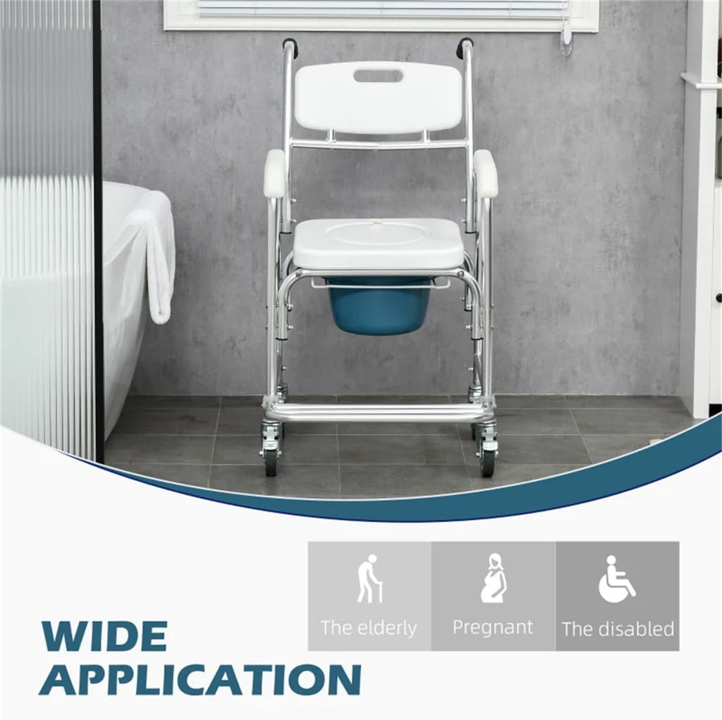 White Rolling Shower Wheelchair with Commode, 4 Lockable Wheels K2231