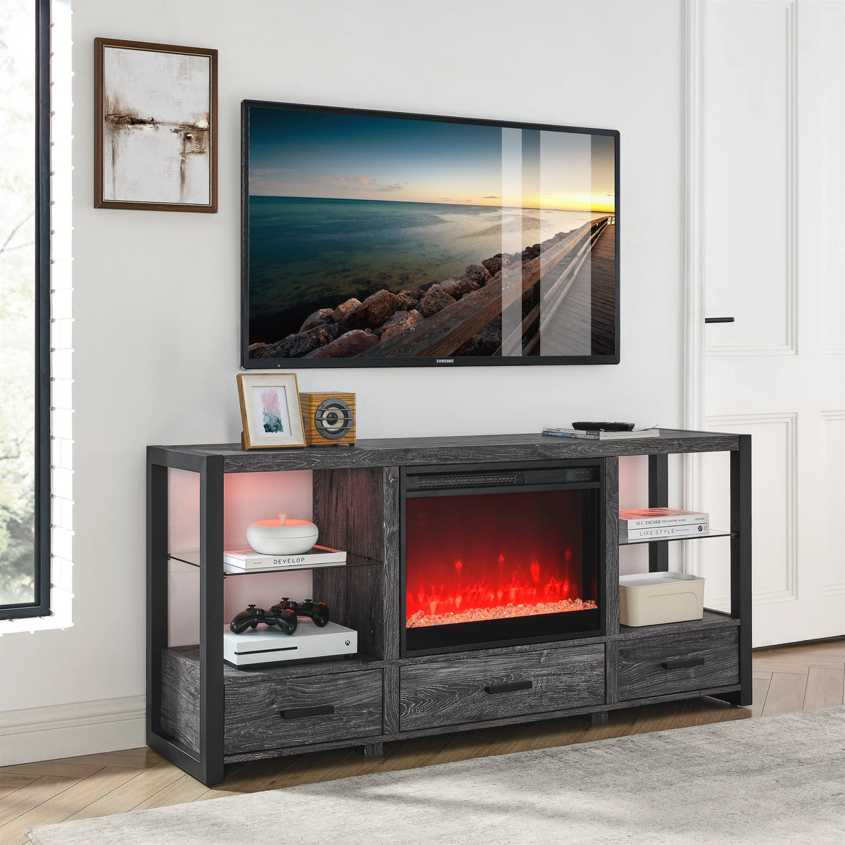 60 Inch Electric Fireplace Media TV Stand with LED Lights T15090
