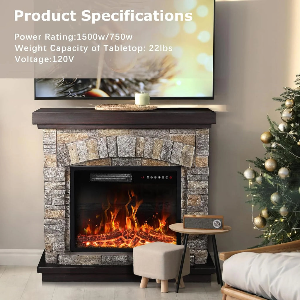 Electric Fireplace with Mantel, 36 inch Freestanding Stone Fireplace Heater TV Stand W691