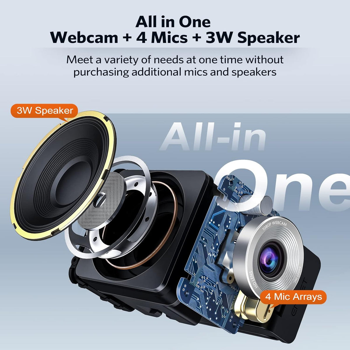 3 in 1 1080P 60FPS Webcam with Microphone and Speaker B58043