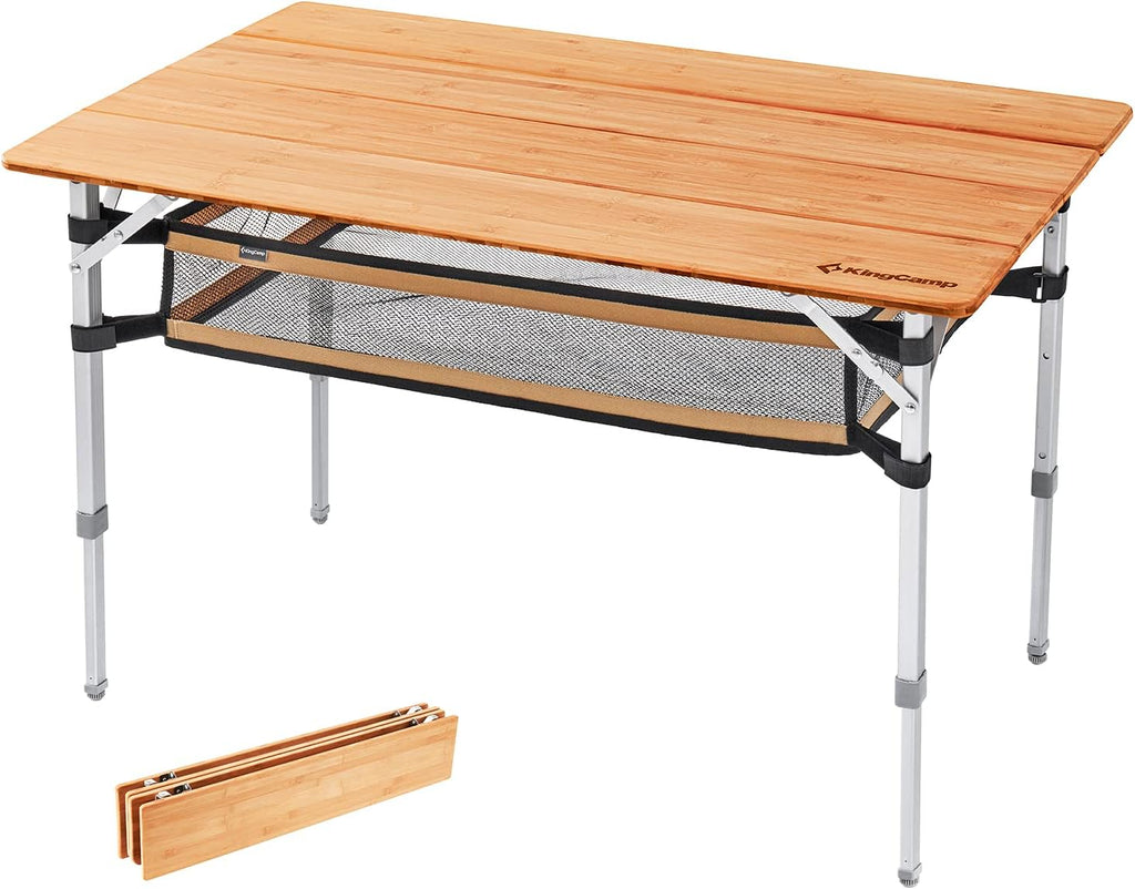 Bamboo Folding Table with 4-Folds Aluminum Frame Camping Table in Carry Bag R87392