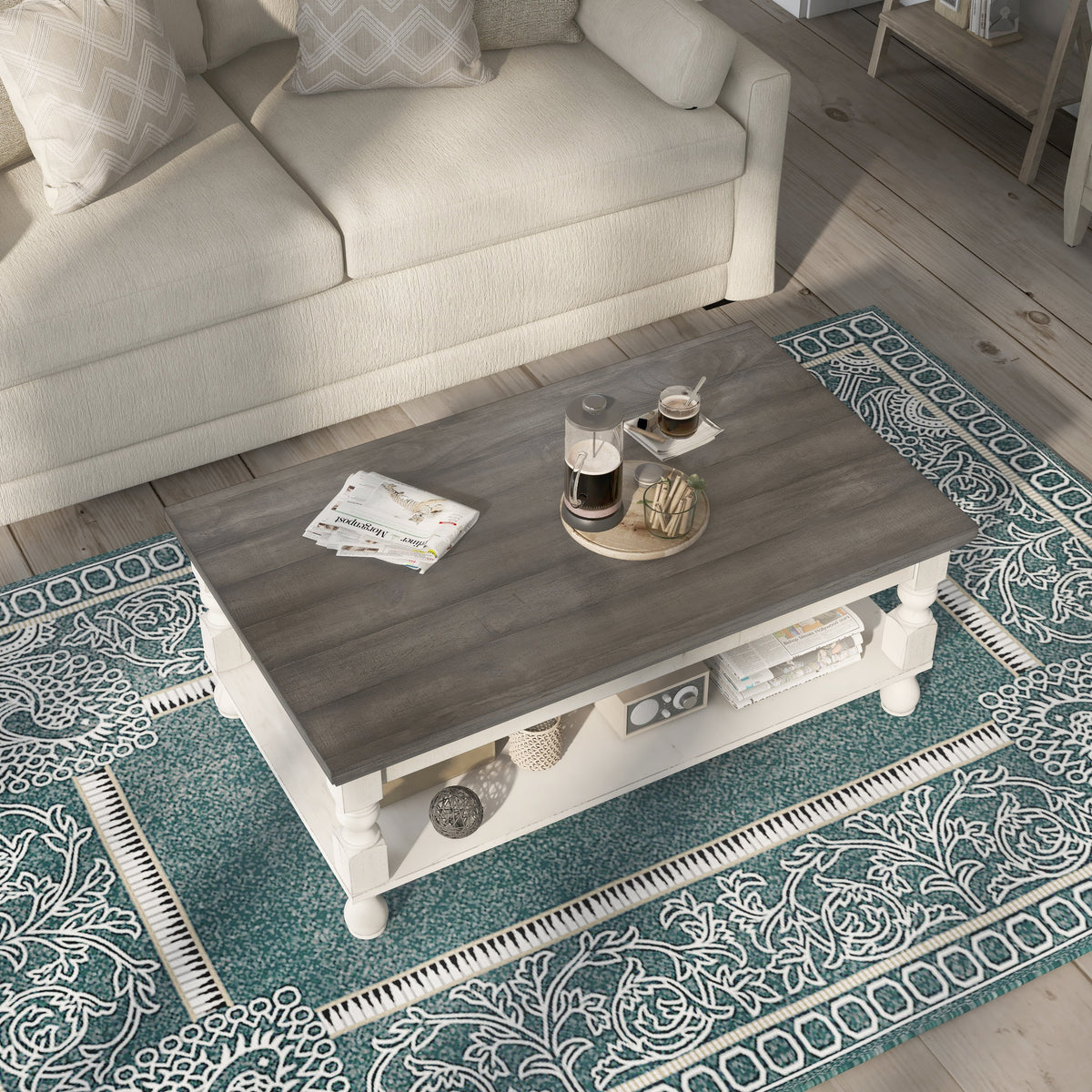 Rustic White Solid Wood 1-Shelf Coffee Table K498