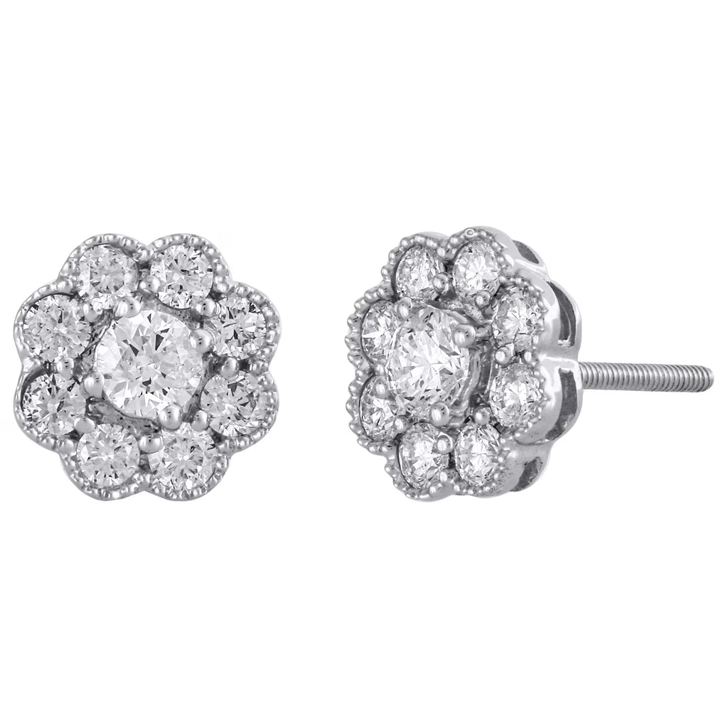 14K White Gold Solitaire Diamond Flower Stud Earrings 1 CT. A4619