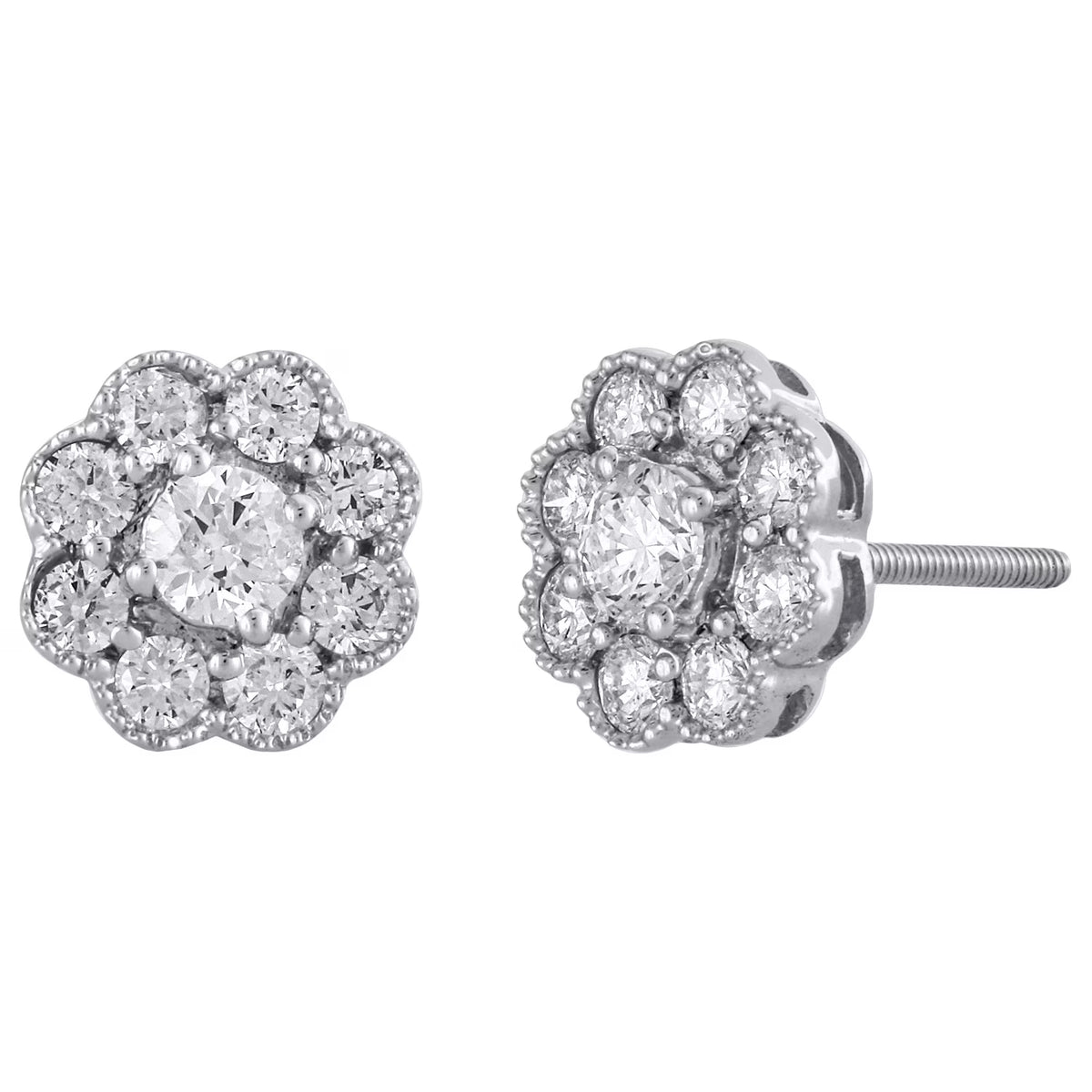 14K White Gold Solitaire Diamond Flower Stud Earrings 1 CT. A4619