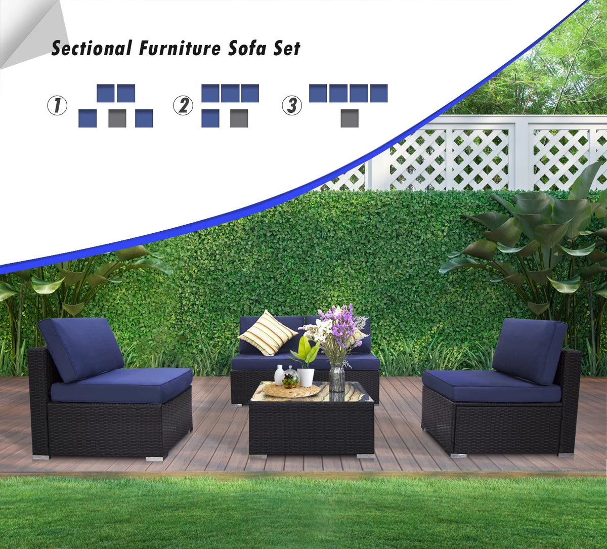 Blue 5 Pcs PE Rattan Wicker Sofa Set with Cushions V201269