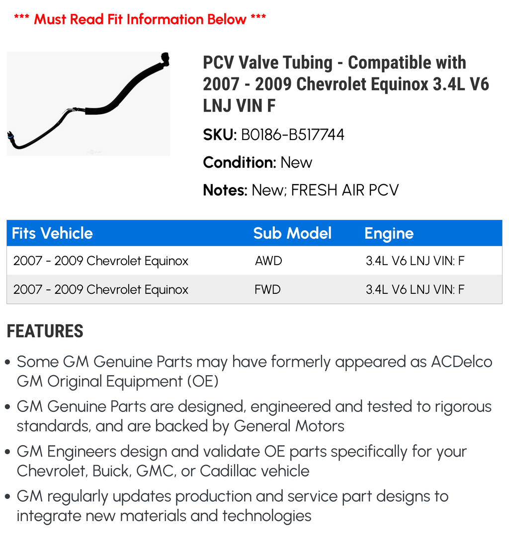 PCV Valve Tubing for 2008 Chevy Equinox 3.4L V6 V761717